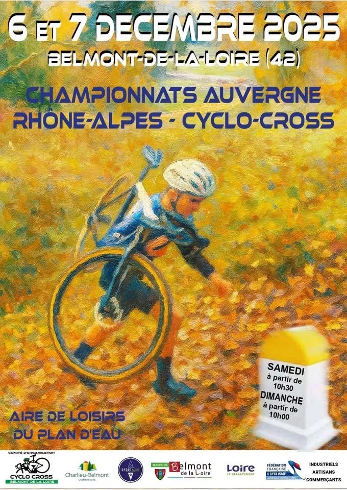 Affiche des Championnats Auvergne-Rhône-Alpes de cyclo-cross à l'aire de loisirs du Plan d'eau, Belmont-de-la-Loire (42) — édition 6 et 7 décembre 2025
