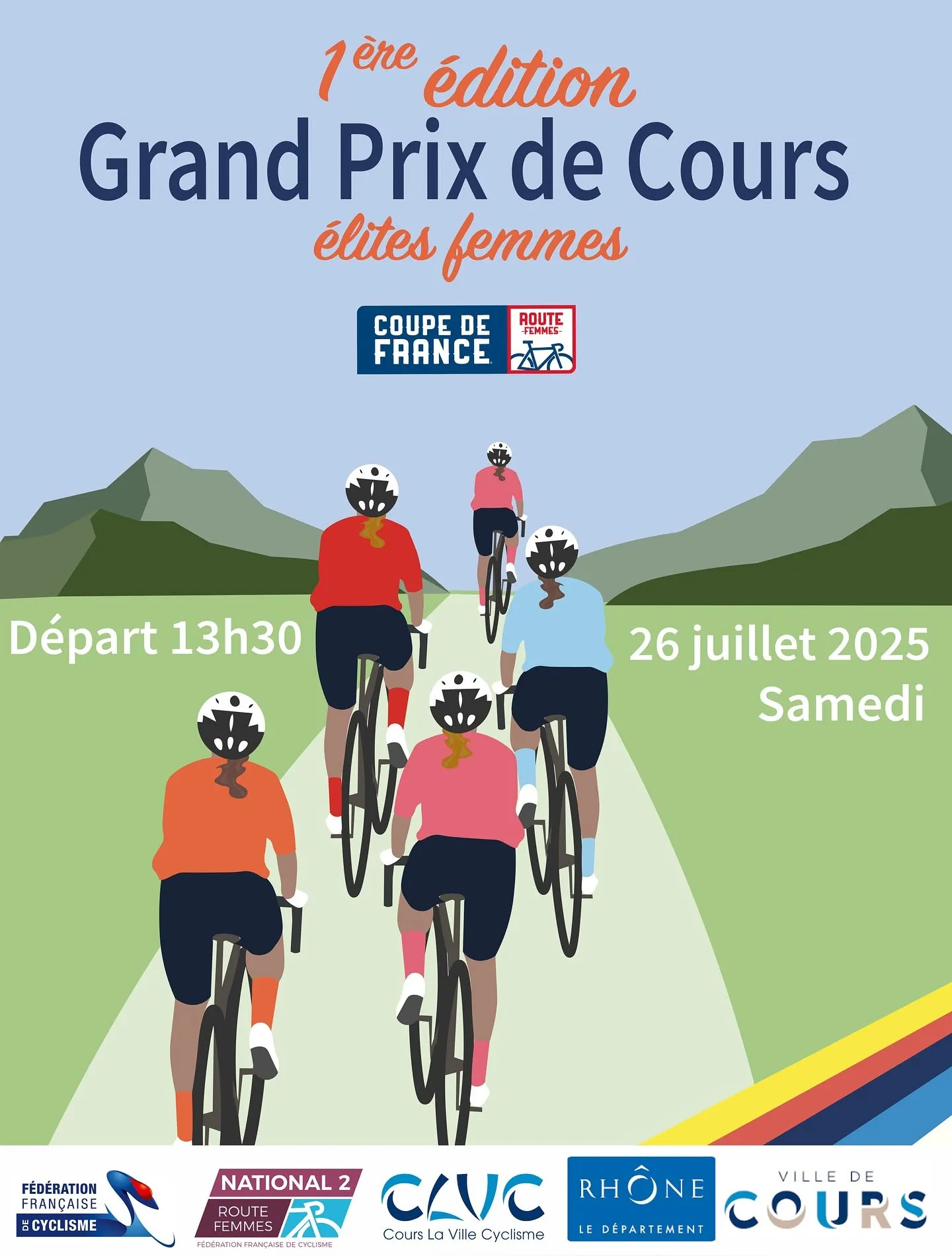 Affiche du Grand Prix de Cours élites femmes, manche de la Coupe de France Route Femmes de Nationale 2, sur le parcours historique du Grand Prix de Cours