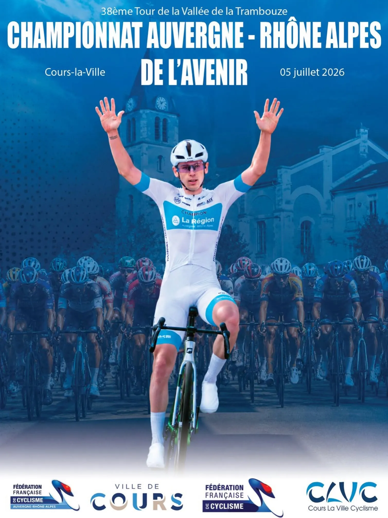 Affiche du 38e Tour de la Vallée de la Trambouze, support du Championnat Auvergne-Rhône-Alpes de l'Avenir, Cours-la-Ville, 5 juillet 2026